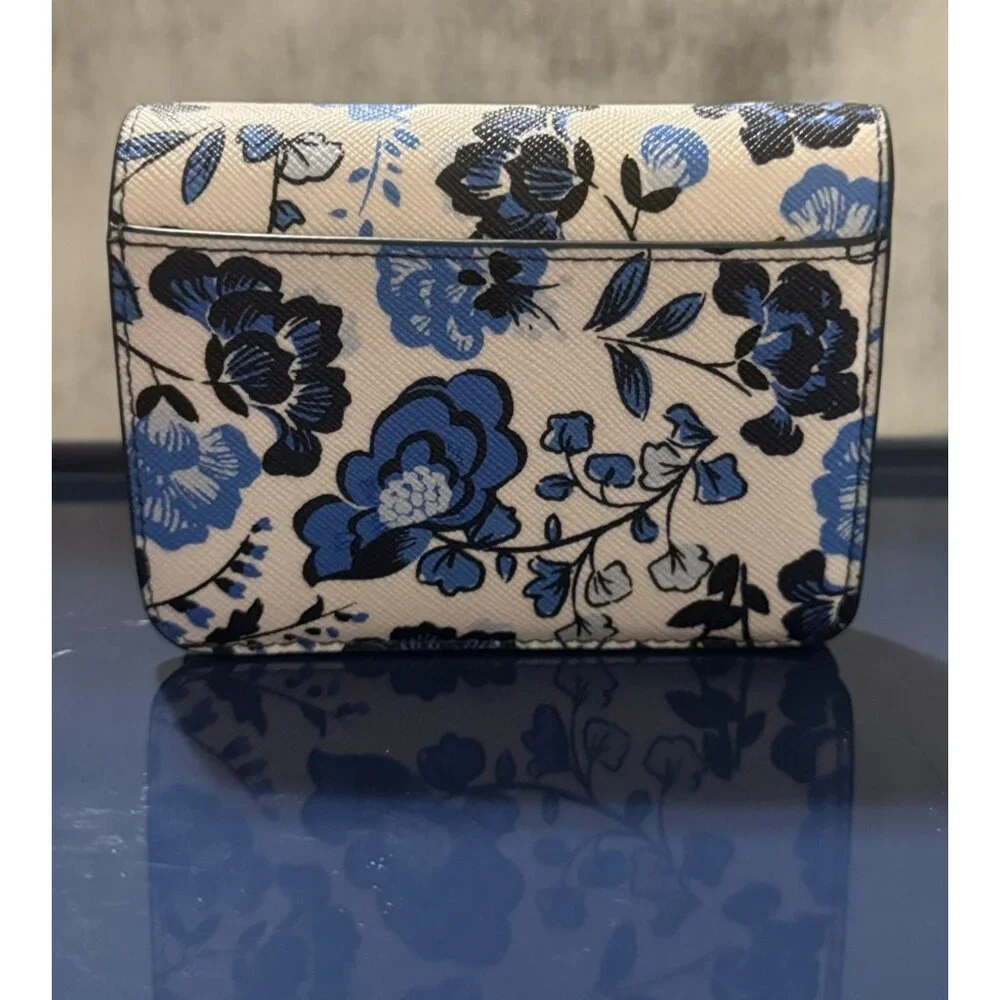 Kate Spade Madison Vase Floral Printed Med Blue White Leather  Wallet